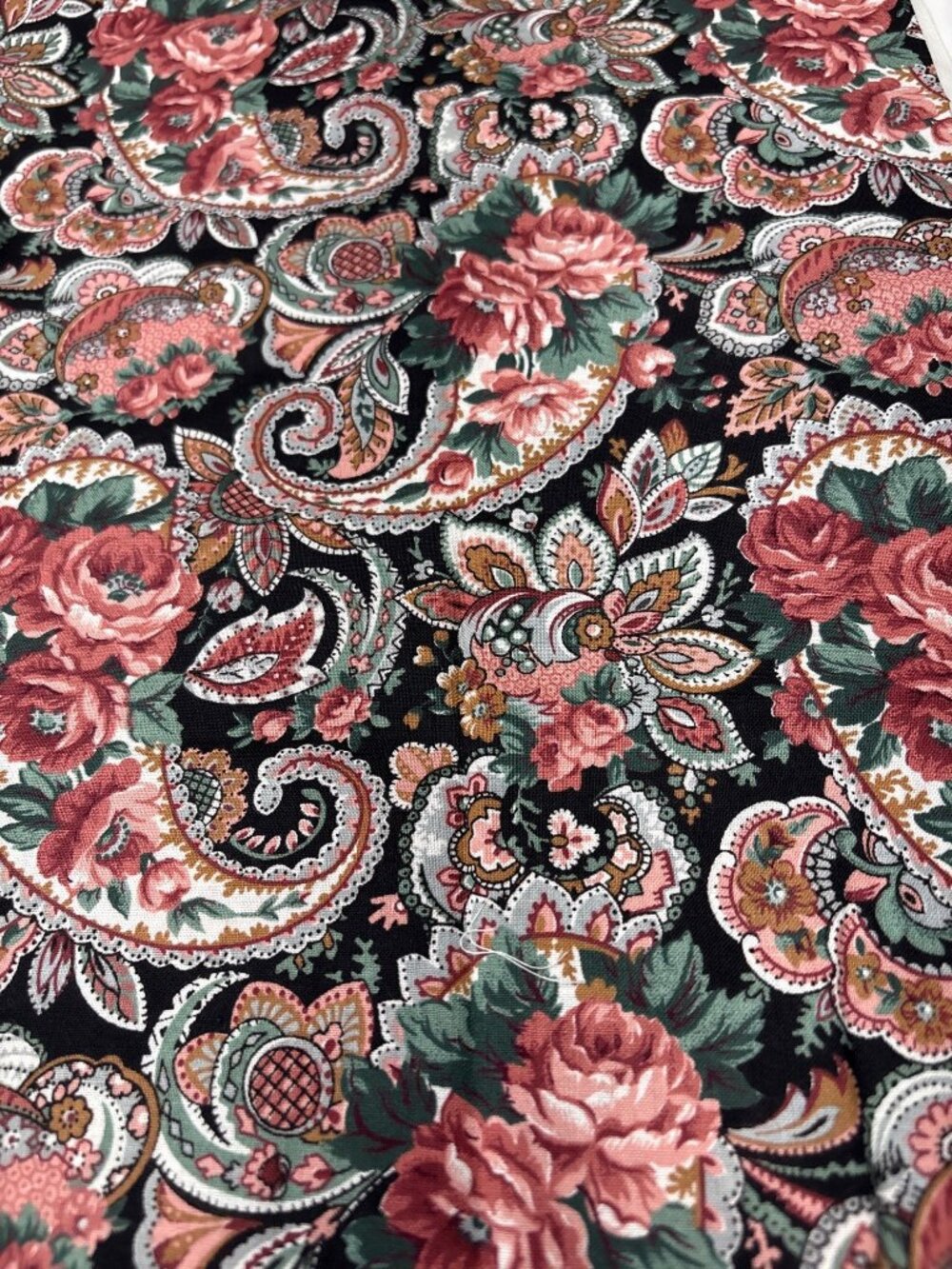 Vintage Floral Paisley Cotton Fabric 16x40" Black With Pink & Green Roses Sewing